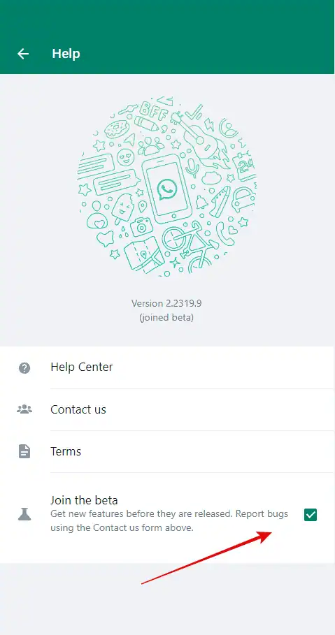 Check mark in Join the beta box