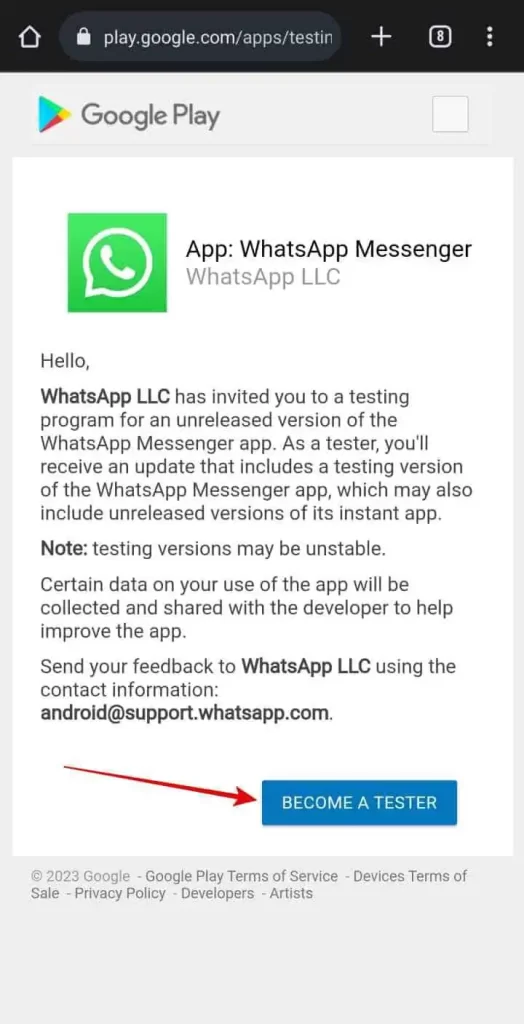Visit the WhatsApp Beta Tester page
